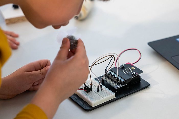 A student building an electronic circuit, for the physics classes